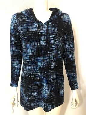Soma Live Lounge Wear Womens Small Hooded Pullover Black Blue Ruched Sleeves